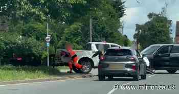 Shocking moment police car rammed head-on by truck-driving thug in terrifying smash