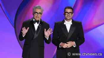 Emmys open with Eugene and Dan Levy poke fun of broadcast TV and 'The Bear' as a comedy