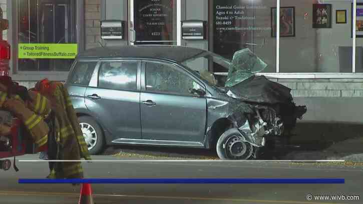 Juvenile driver hurt after crashing into buildings in Amherst