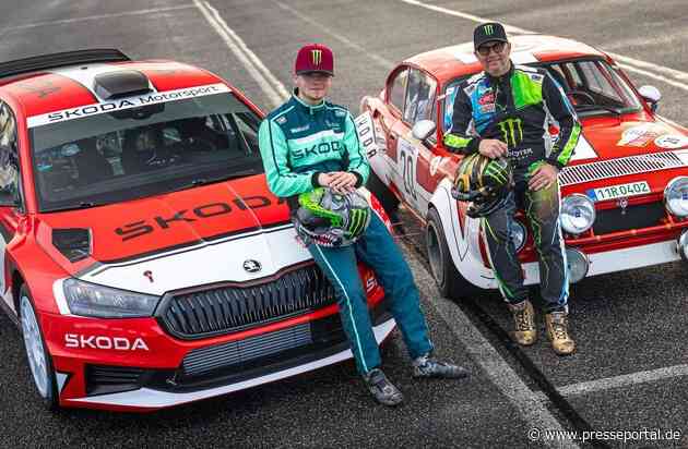 Früherer FIA Rallye-Weltmeister Petter Solberg und sein Sohn Oliver testen den legendären Škoda 200 RS