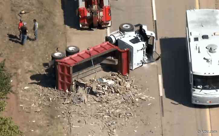 Overturned truck slows traffic on I-35