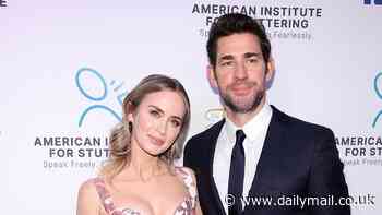 Emily Blunt is glamorous in red floral dress while husband John Krasinski is dashing in a navy suit as she hosts American Institute for Stuttering Gala