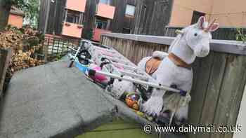 Mother is threatened with legal action by neighbours unless she removes 'eyesore' toy unicorn she stores on top of her shed - so do YOU think they are right?