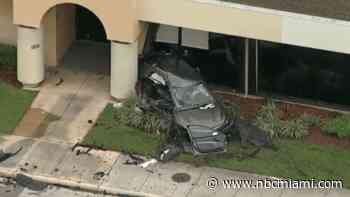 Car slams into bank following crash in Pompano Beach