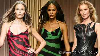 Eva Herzigova wows in a leather gown as she walks alongside Natasha Poly and Joan Smalls while Naomi Campbell watches front row at the MFW Roberto Cavalli show