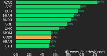 CoinDesk 20 Performance Update: Index Surges 5.3% With All Assets in the Green
