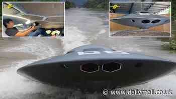 Out of this world! Inventor builds a fully functional flying saucer-inspired jet boat - as incredible footage shows the vehicle reaching 31mph as it skims across the water