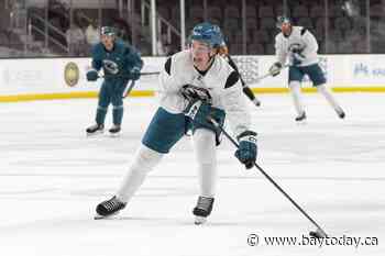 Celebrini makes his practice debut for the Sharks, while Couture waits to get back on the ice