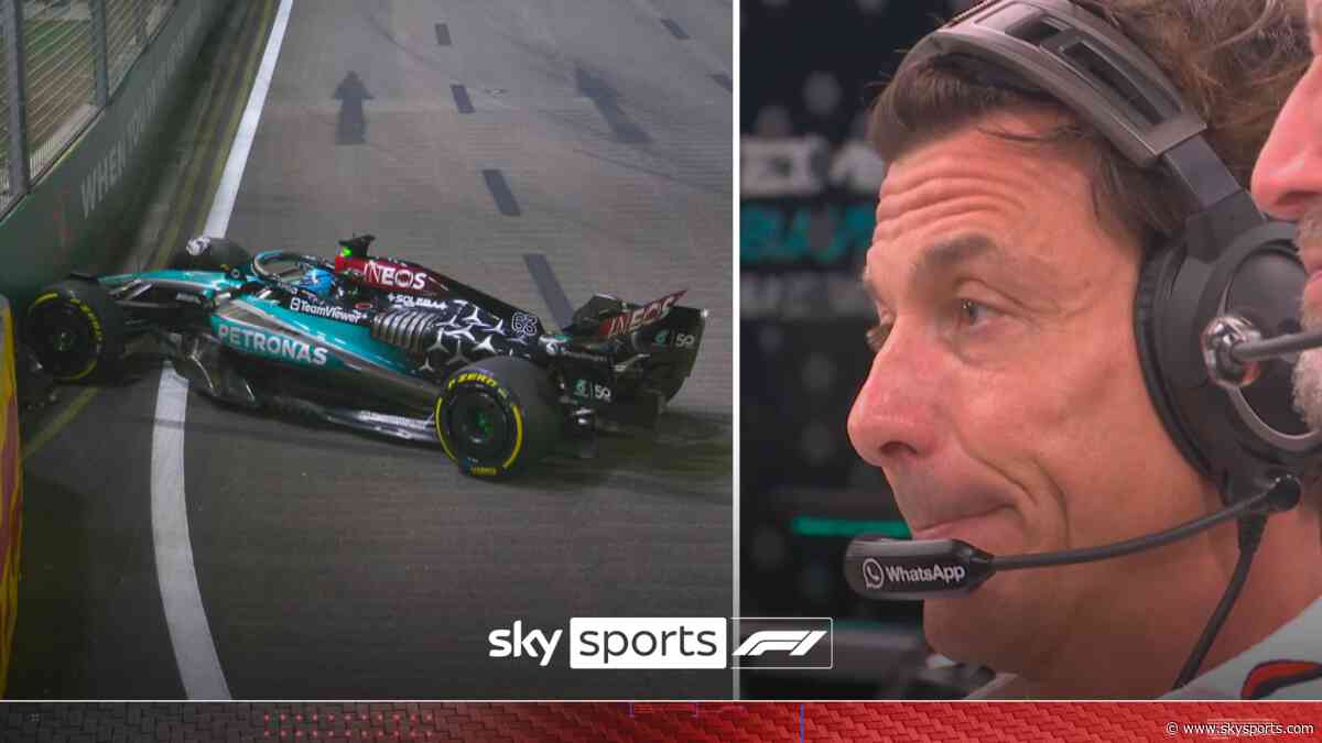 'Tense faces at Mercedes!' Russell ends up in the barriers in P2