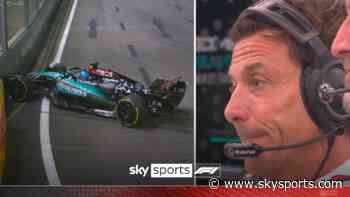 'Tense faces at Mercedes!' Russell ends up in the barriers in P2