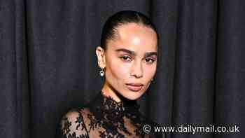 Zoë Kravitz, 35, goes braless beneath a sheer minidress as she joins musician dad Lenny, 60, at the Saint Laurent womenswear show during Paris Fashion Week