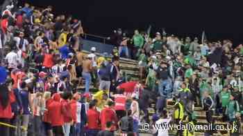 Football match in Colombia is suspended after terrifying mass brawl in the stands as fans 'wield knives and machetes - leaving 20 supporters injured'