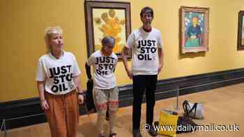 Gogh their heads! Just Stop Oil protest against fellow activists being jailed for hurling soup on Vincent Van Gogh's Sunflowers... by throwing soup on his masterpiece in gallery AGAIN