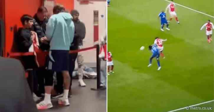 Fears Arsenal star Riccardo Calafiori suffered injury against Leicester after he’s pictured with knee support