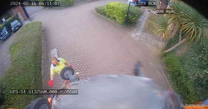 Moment bin man is hurt after gas cylinder explodes in the back of a lorry