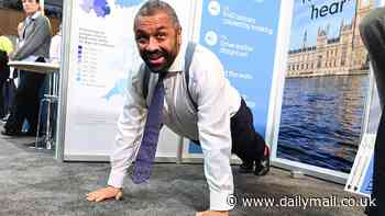 At last, a real Tory strongman! James Cleverly does press-ups for the cameras at conference as he pushes his leadership bid