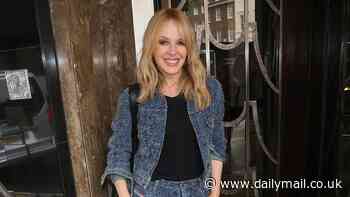 Kylie Minogue rocks a double denim co-ord as she continues to promote her album Tension II at Claridge's