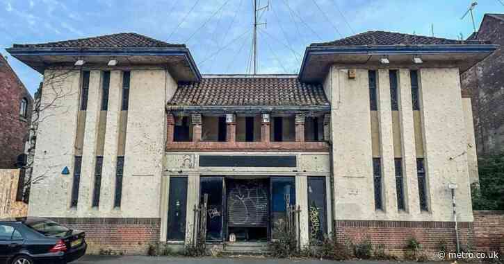 Inside spooky abandoned morgue with autopsy table and hearse still left behind