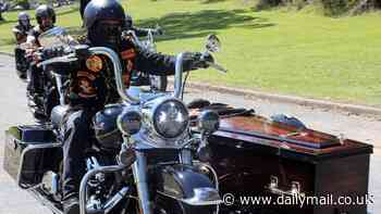 Hundreds of Bandidos bikies attend funeral of slain president Peter Martin after he crashed while riding his Harley Davidson - as his body arrives in a motorcycle sidecar at the service