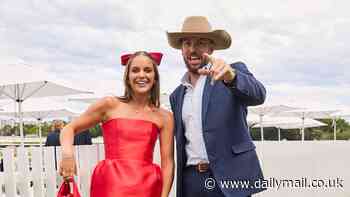 We Mean Well podcast host Luisa Dal Din cuts a chic figure in a red mini dress as she attends TAB Epsom Day alongside co-star Jack Archdale