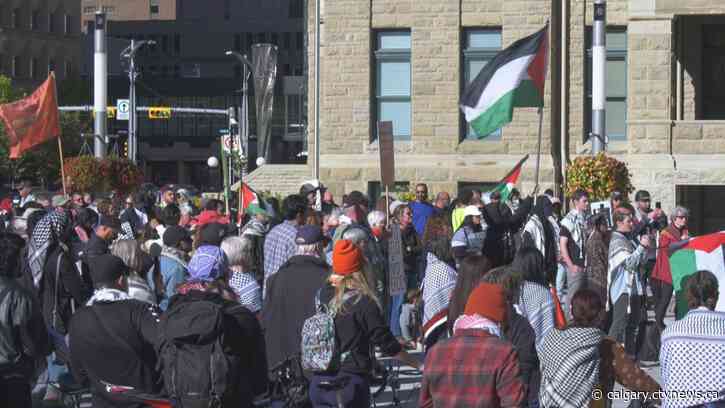 Pro-Palestinian rally at Calgary City Hall ahead of first anniversary of October 7 Hamas attack on Israel