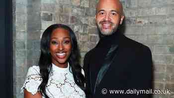 Alexandra Burke gets into the bridal spirit in a white lace dress as she flashes her ring while posing with fiancé Darren Randolph after announcing their engagement