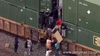 Wild footage shows at least 50 thieves ransacking freight train in Chicago as cops rush to the scene and service is ground to halt