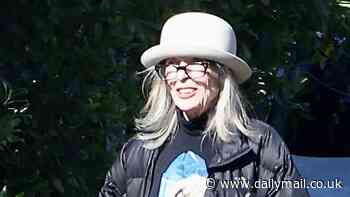 Diane Keaton wraps up in puffer coat and rocks her trademark hat during walk with beloved dog Reggie in LA