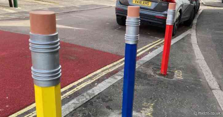 Council puts up giant coloured pencils to stop parents driving children to school