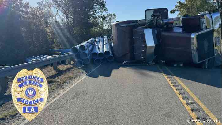 Carroll Bourgeois Road in Addis closed after overturned semi-truck leaks diesel, spills cargo