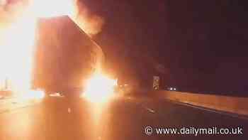 Heart-stopping moment Tesco lorry swerves then erupts into a fireball on the M25 while desperate motorists slam on their breaks