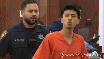 Teen murder suspect, 17, blows kiss in court as he faces charges over shooting dead ex-girlfriend's stepfather