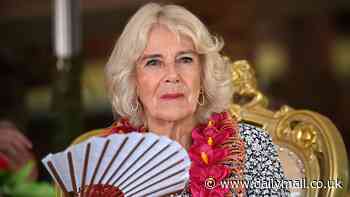 Fans for the memories! King Charles and Queen Camilla enjoy fond and colourful - if rain-sodden - farewell from Samoa, wreathed in garlands and knocking back special plant brew