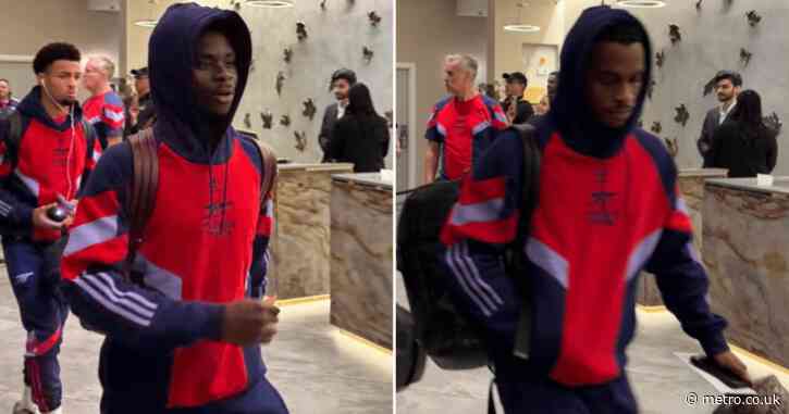 Bukayo Saka and Jurrien Timber pictured with Arsenal squad ahead of Liverpool showdown