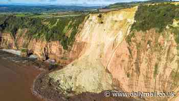 Huge cliff collapses and sends rocks flying onto beach below on Jurassic Coast - as safety chiefs issue warning