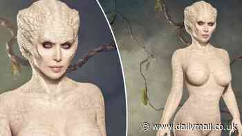 Kim Kardashian is unrecognizable as a sexy 'albino alligator' showing off huge chest in wildest Halloween outfit yet