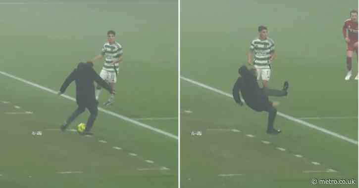 Brendan Rodgers absolutely stacks it while hoofing ball during Celtic’s win over Aberdeen