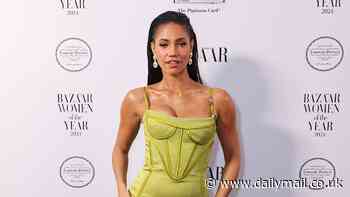 Vick Hope puts on a busty display in lime green corseted dress at the Harper's Bazaar Women of the Year Awards in London