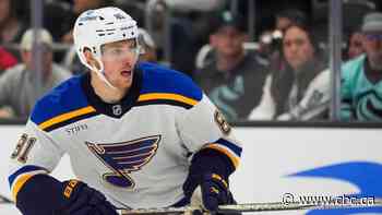 Blues' Dylan Holloway rushed to hospital after being struck in neck by puck