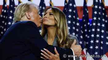 Standing by her man (again): Melania smiles and even gives Donald a kiss as he celebrates his victory - having endured the embarrassment of rape trials and porn star 'hush money' over past four years