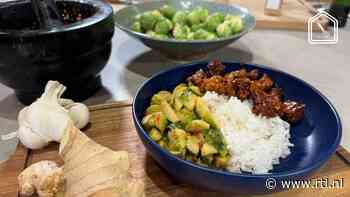 Sambal goreng tempeh met sambal oelek en gestoofde spruiten met kokos