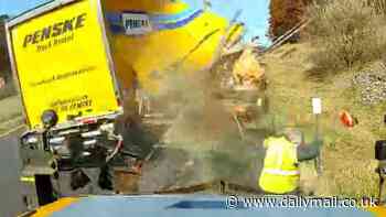 Heart-stopping moment highway worker comes within inches of being pulverized