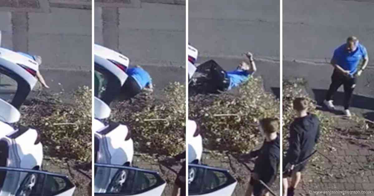 WATCH: Man climbs into green bin to stamp down waste...but then topples over