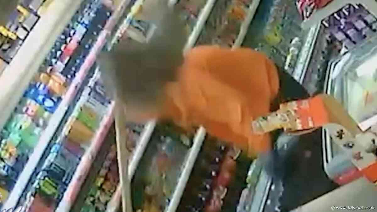 Terrifying moment shopkeeper fights off knife-wielding robber with a mop as police offer reward to catch culprit after string of raids