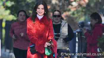 Emily Ratajkowski flashes leg in glam red coat as she walks her dog in New York City