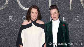 Emily Watson catches the eye in a graphic gown as she joins chic co-star Olivia Williams at VIP screening of DUNE: Prophecy