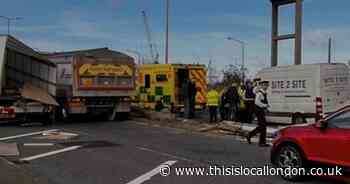 Debris seen scattered across main road after van crash