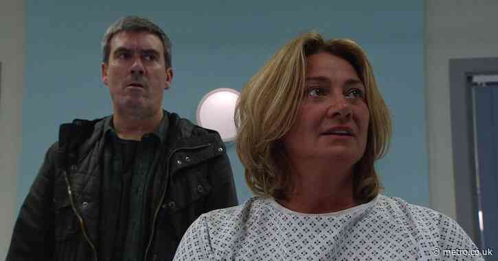 Cain left covered in blood as Moira is rushed into hospital surgery in Emmerdale