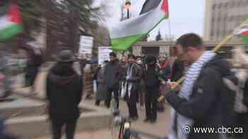 More than 100 pro-Palestinian protesters gather at Regina city hall after outgoing mayor cancels flag raising