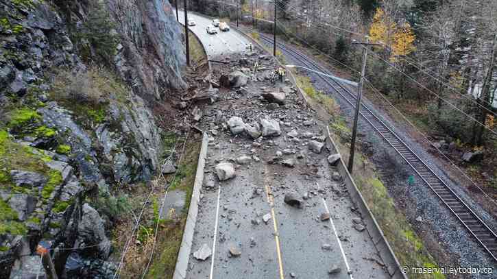 Rockfall with large boulders closes Highway 7 west of Hope, B.C.